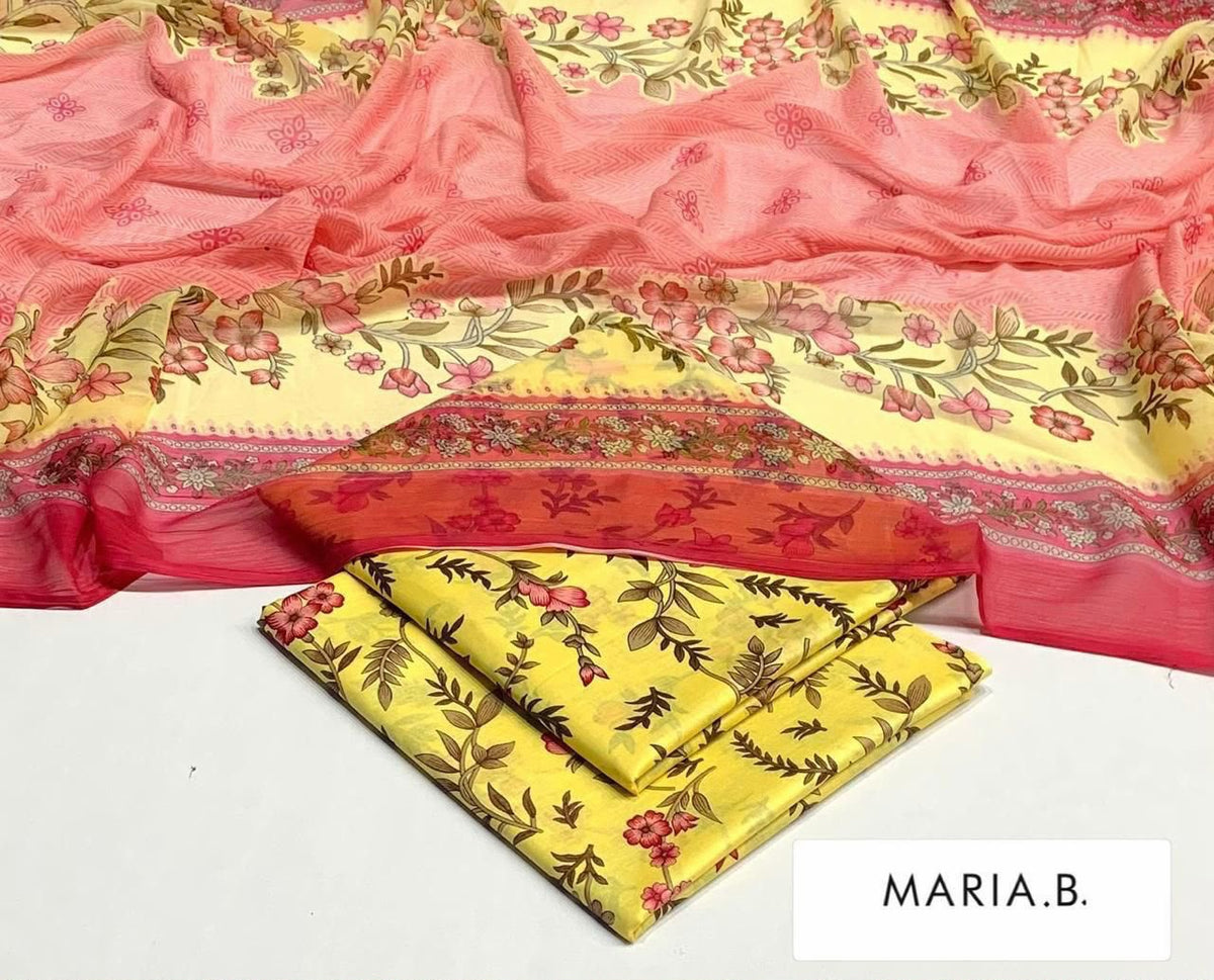 lawn 3 piece suit in yellow with a pink floral print and and pink dupatta
